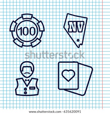 Set of 4 luck outline icons such as 100 casino chip, casino boy, spades