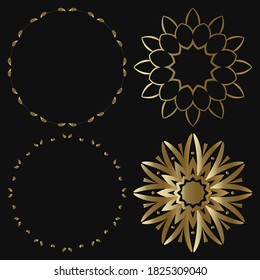 Conjunto de 4 lujosos elementos ornamentales y marco de color dorado sobre fondo negro. Plantilla de diseño para fondo de pantalla. Ornamento aislado. Ilustración vectorial.