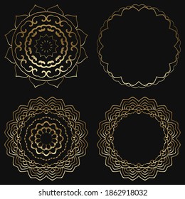 Conjunto de 4 lujosos elementos ornamentales y marco de color dorado sobre fondo negro. Plantilla de diseño para fondo de pantalla. Ornamento aislado. Ilustración vectorial.	