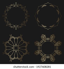 Conjunto de 4 lujosos elementos ornamentales y marco de color dorado sobre fondo negro. Plantilla de diseño para fondo de pantalla. Ornamento aislado. Ilustración vectorial.	