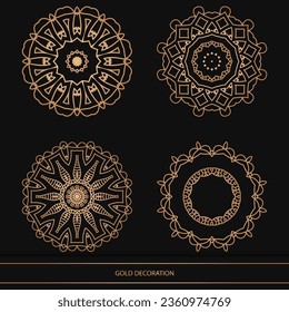 Set of 4 Luxury ornamental element design and frame gold color on black background. Design template for wallpaper. Isolated ornament. Vector Illustration.	