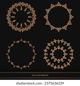 Conjunto de 4 lujosos elementos ornamentales y marco de color dorado sobre fondo negro. Plantilla de diseño para fondo de pantalla. Ornamento aislado. Ilustración vectorial.	