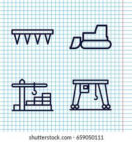 Set of 4 machinery outline icons such as tractor, plowing tool, cargo crane