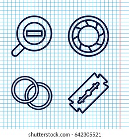 Set of 4 macro outline icons such as razor, camera shutter, camera lense