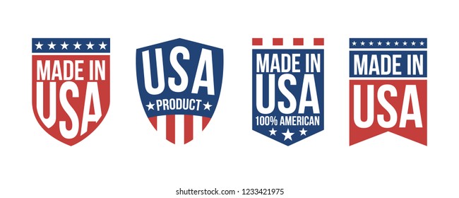 Set of 4 Made in USA labels, stickers. USA patriotic signs. Americans banners template. Vector illustration.