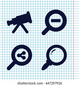 Set of 4 magnification filled icons such as zoom out, search, telescope