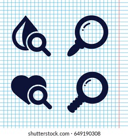 Set of 4 magnifier filled icons such as heart search, drop under magnifier