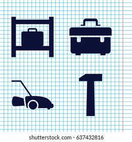 Set of 4 maintenance filled icons such as luggage storage, toolbox, lawn mower