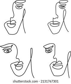 Set of 4 male faces. One line hand-drawn style, portrait of a brutal man