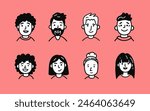 Set of 4 male and 4 female mono minimalistic notion-style avatars. Isolated vector graphics of a team on customizable background