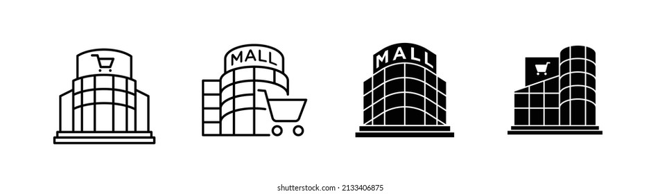 Set of 4 Mall Building icon, outlined editable stroke and flat glyph style, clipart design template