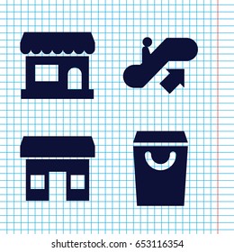 Set of 4 mall filled icons such as escalator up, store