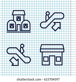Set of 4 mall outline icons such as escalator up, escalator down, building