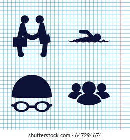 Set of 4 man filled icons such as group, businessman shaking hands, swimming hat and glasses