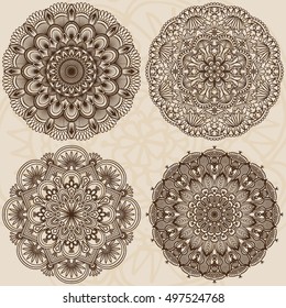Set of 4 Mandala. Ethnic decorative elements. Hand drawn background. Islam, Arabic, Indian, ottoman motifs.