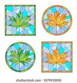 Set of 4 maple leafs in stained glass style. Green and yellow leaves in square and round frames