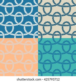 Set of 4 marine rope loop seamless pattern. Endless navy illustration with cord ornament, horizontal crossed thread in four different colors. Trendy textured backdrop. For fabric, wallpaper, wrapping.