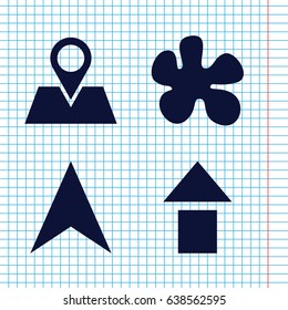 Set of 4 marker filled icons such as navigation arrow, location pin, paintball