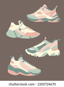 Set of 4 massive sneakers in pastel colors on a brown background.