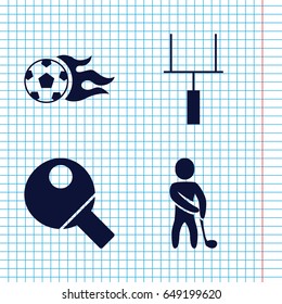 Set of 4 match filled icons such as golf player, football ball, goal post