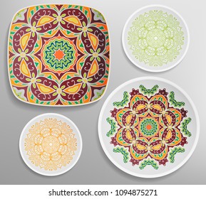 Set of 4 matching decorative plates for interior design. Tribal ethnic ornament, home decor vector illustration. Mandala decoration pattern, arabic, indian, turkish motif
