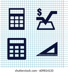 Set of 4 mathematics filled icons such as mathematical square, ruler