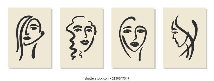 Set of 4 Matisse inspired wall art posters, brochure, flyer templates, contemporary collage. Organic line female face  brush line art, hand drawn simple wallpaper. Shapes graphic vintage vector