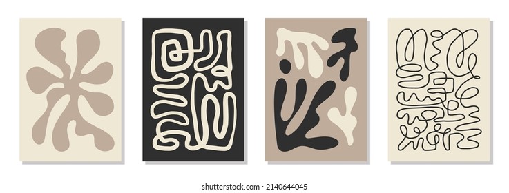 Set of 4 Matisse inspired wall art posters, brochure, flyer templates, contemporary collage. Organic one line abstract hand drawn design, wallpaper. Dynamic shapes graphic vintage vector