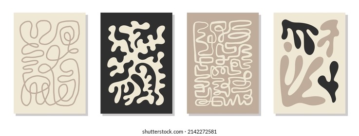 Set of 4 Matisse inspired wall art posters, brochure, flyer templates, contemporary collage. Organic one line abstract hand drawn design, wallpaper. Dynamic shapes graphic vintage vector