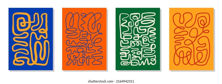 Set of 4 Matisse inspired wall art posters, brochure, flyer templates, contemporary collage. Organic one line abstract hand drawn design, wallpaper. Dynamic shapes graphic vintage vector