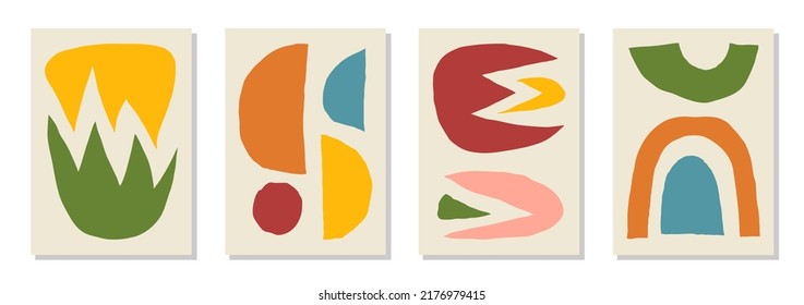 Set of 4 Matisse inspired wall art posters, brochure, flyer templates, contemporary collage. Organic line abstract pattern, hand drawn design, simple wallpaper. Dynamic shapes graphic vintage vector