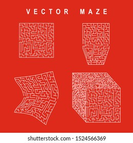 Set of 4 maze / labyrinth on red background. Vector illustration 