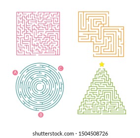 Set of 4 maze.  Labyrinth shape design element. Simple round, square and triangularmaze labyrinth game for kids. Entry and exit. Children puzzle game.