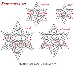 Set of 4 mazes in a shape of six-pointed stars. Each of them has got different difficulty level: easy, medium, advanced and hard. Nice games for children and adults.