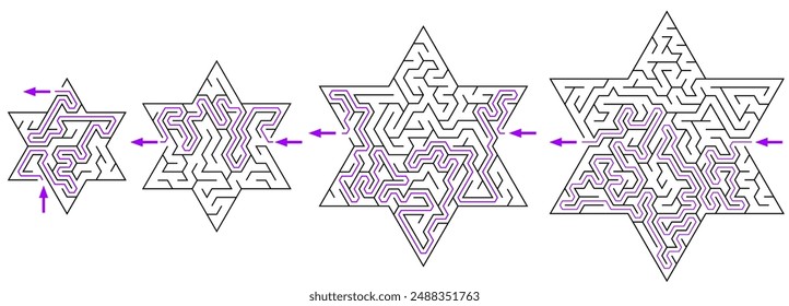 Set of 4 mazes in a shape of six-pointed stars. Each of them has got different difficulty level: easy, medium, advanced and hard. Nice games for children and adults.