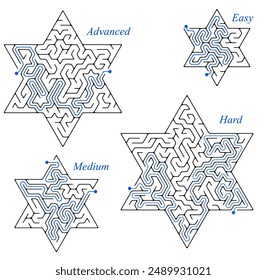 Set of 4 mazes in a shape of six-pointed stars. Each of them has got different difficulty level: easy, medium, advanced and hard. Nice games for children and adults.