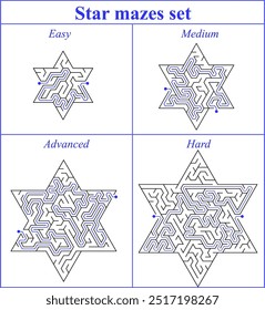 Set of 4 mazes in a shape of six-pointed stars. Each of them has got different difficulty level: easy, medium, advanced and hard. Nice games for children and adults.