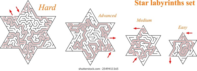 Set of 4 mazes in a shape of six-pointed stars. Each of them has got different difficulty level: easy, medium, advanced and hard. Nice games for children and adults.