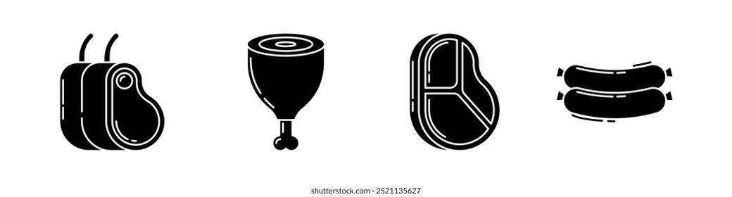 Conjunto de 4 Conjunto de Ícones de Carne, Bife, Perna de Frango, Salsicha e Ilustração de Presunto