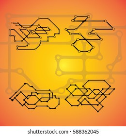 Set of 4 Mechanical schemes, vector engineering drawing with geometric parts mechanism. Futuristic industrial project can be used in web design and as wallpaper