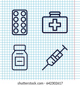 Set of 4 medication outline icons such as first aid kit, syringe, pill