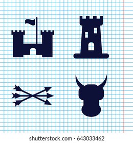 Set of 4 medieval filled icons such as castle, arrow bow