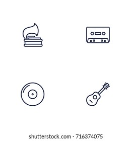 Set Of 4 Melody Outline Icons Set.Collection Of Gramophone, Record, Vinyl And Other Elements.