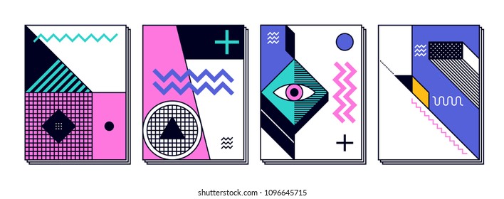 Set of 4 memphis posters. Retro design background templates.