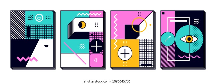 Set of 4 memphis posters. Retro design background templates.