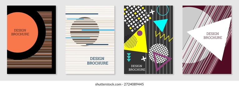 Un conjunto de 4 portadas estilo Memphis. Diseño geométrico, fondo abstracto. Portadas, Anuncios, carteles y folletos de moda y vibrantes. Esquema de color creativo.