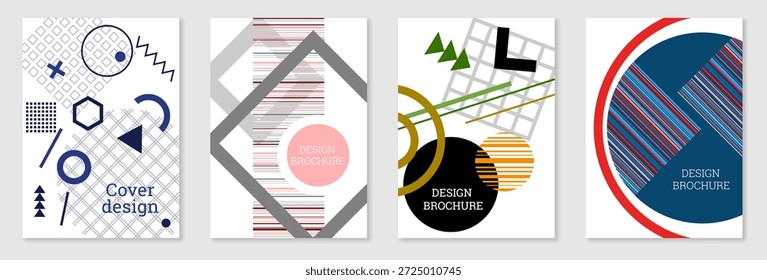Un conjunto de 4 portadas estilo Memphis. Diseño geométrico, fondo abstracto. Portadas, Anuncios, carteles y folletos de moda y vibrantes. Esquema de color creativo.