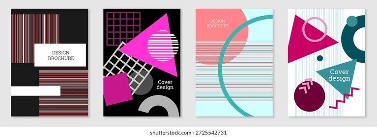 Un conjunto de 4 portadas estilo Memphis. Diseño geométrico, fondo abstracto. Portadas, Anuncios, carteles y folletos de moda y vibrantes. Esquema de color creativo.