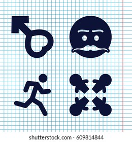 Set of 4 men filled icons such as emot with mustache, male, roundelay