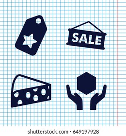 Set of 4 merchandise filled icons such as handle with care, cheese, sale